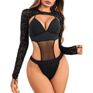 Women Leopard Festival Sexy Lingerie Bodysuit Buckle Shrug Crop Top Set Outfits